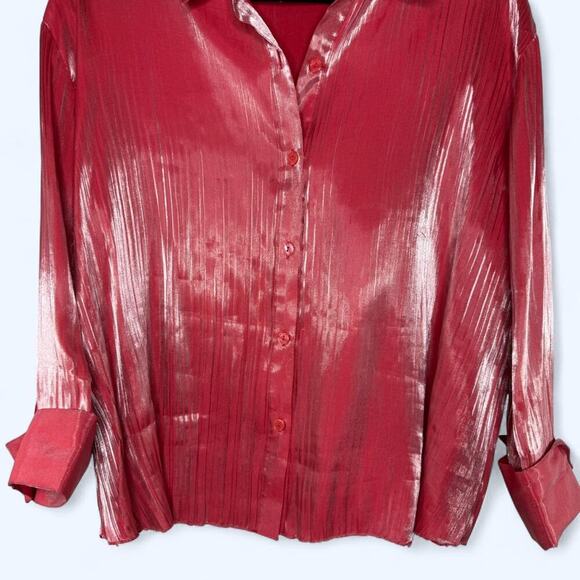 Vintage Milano Metallic Pink Crinkle Button Down Blouse XL Y2K Glam Party Top - Picture 3 of 10